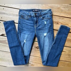 Hollister Women's Blue Ripped mid rise super Skinny stretch Jeans size 0